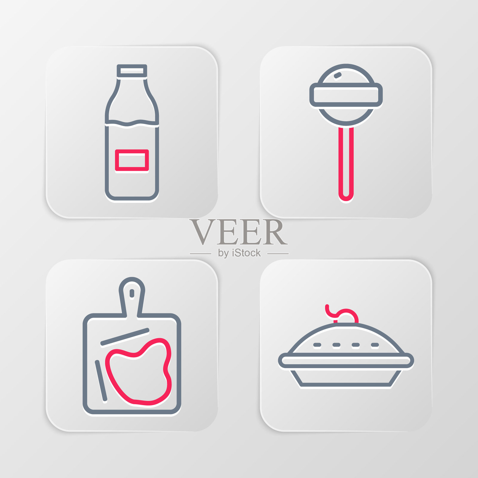 设置线自制派，砧板，棒棒糖和奶瓶与牛奶图标。向量插画图片素材