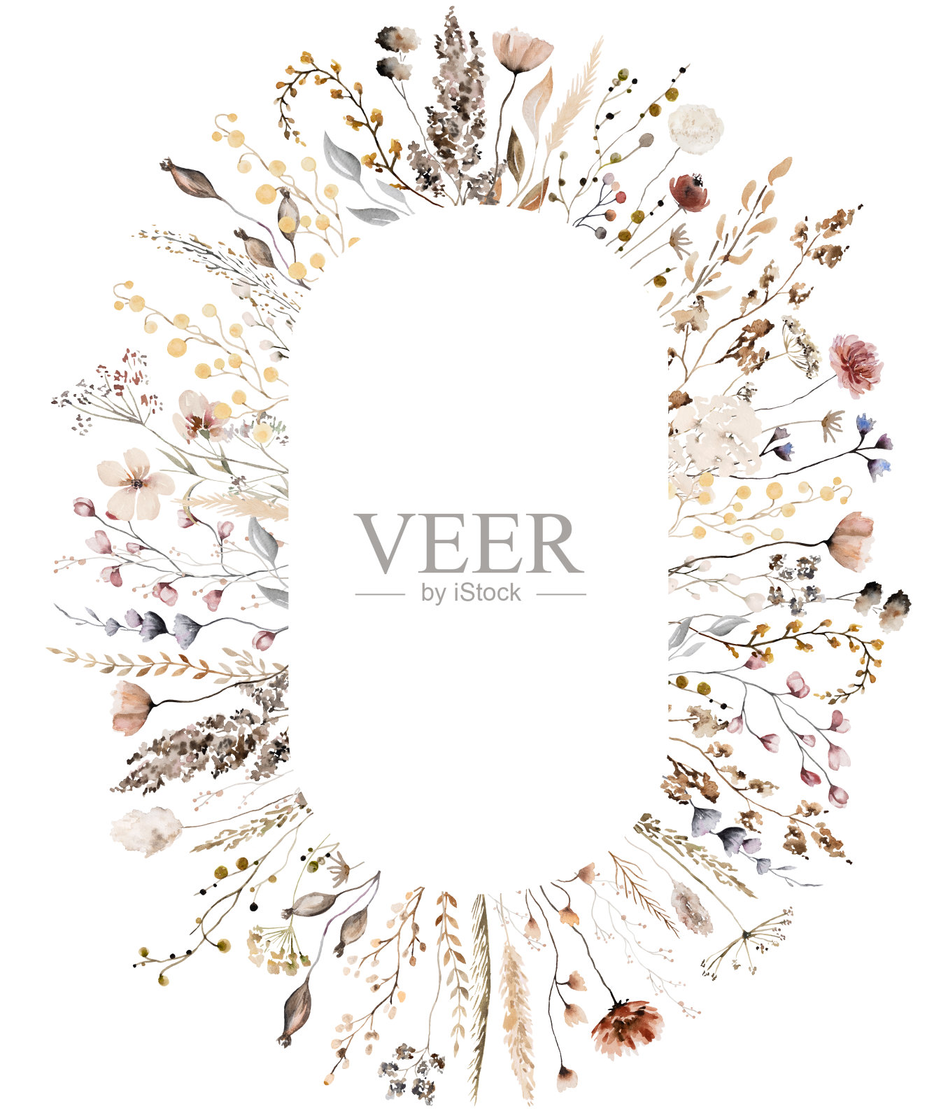 椭圆形框架与水彩秋天棕色的野花和树叶，婚礼插图插画图片素材