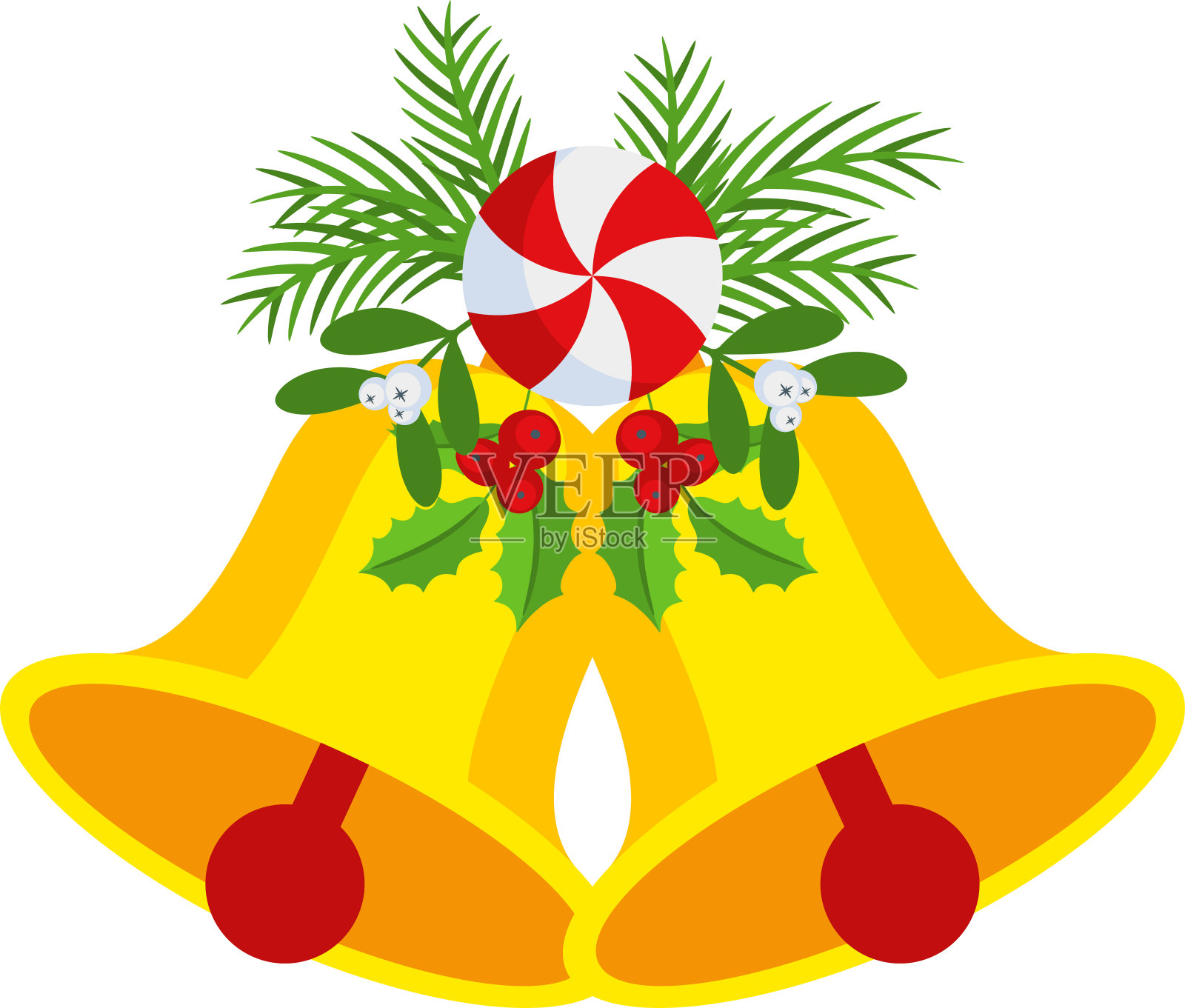 两个圣诞铃铛，上面有棒棒糖和花环。门花环设计元素。插画图片素材