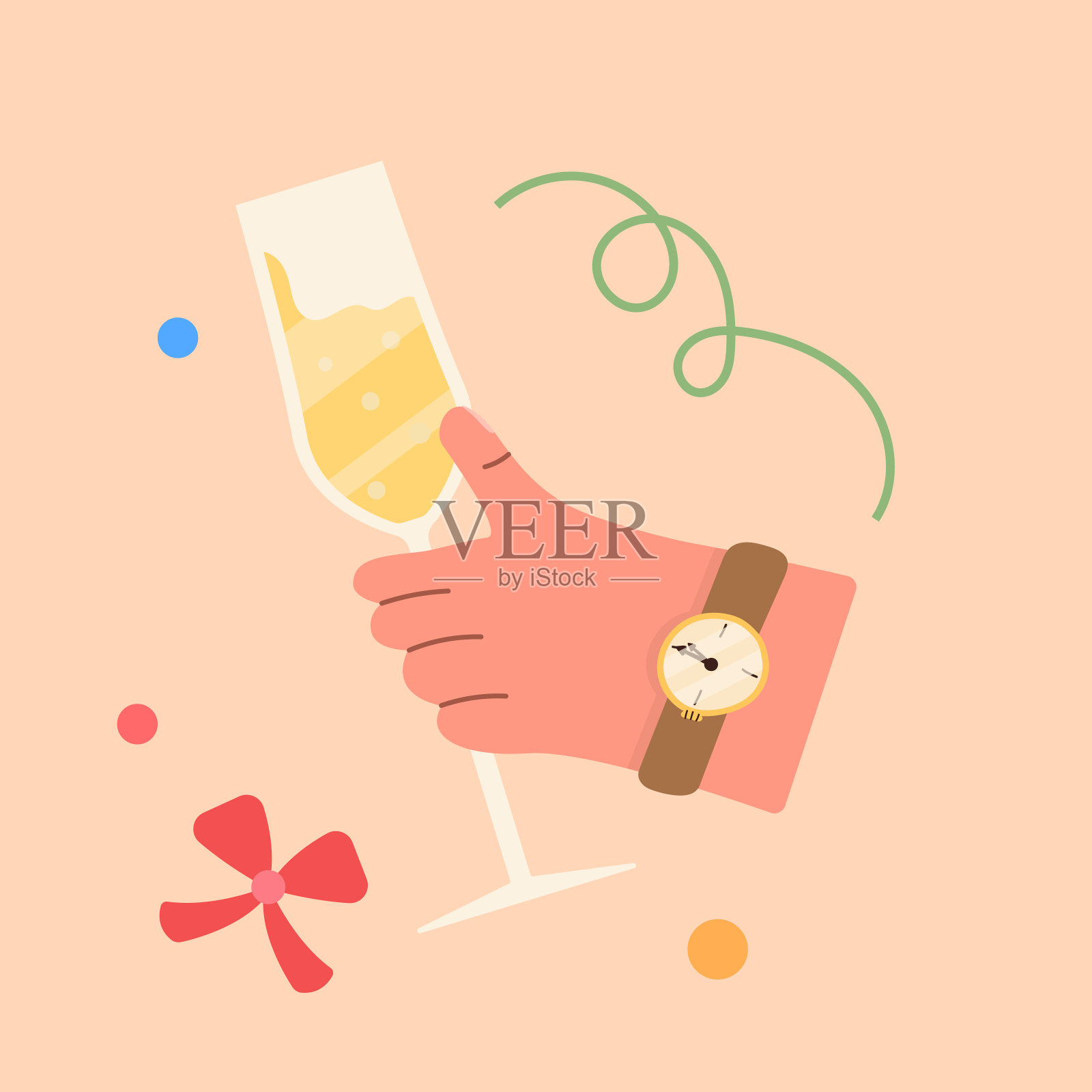 2024年新年快乐。手里拿着香槟和装饰品。一对夫妇碰杯的人手。涂鸦风格的新年海报，封面，背景。矢量图插画图片素材