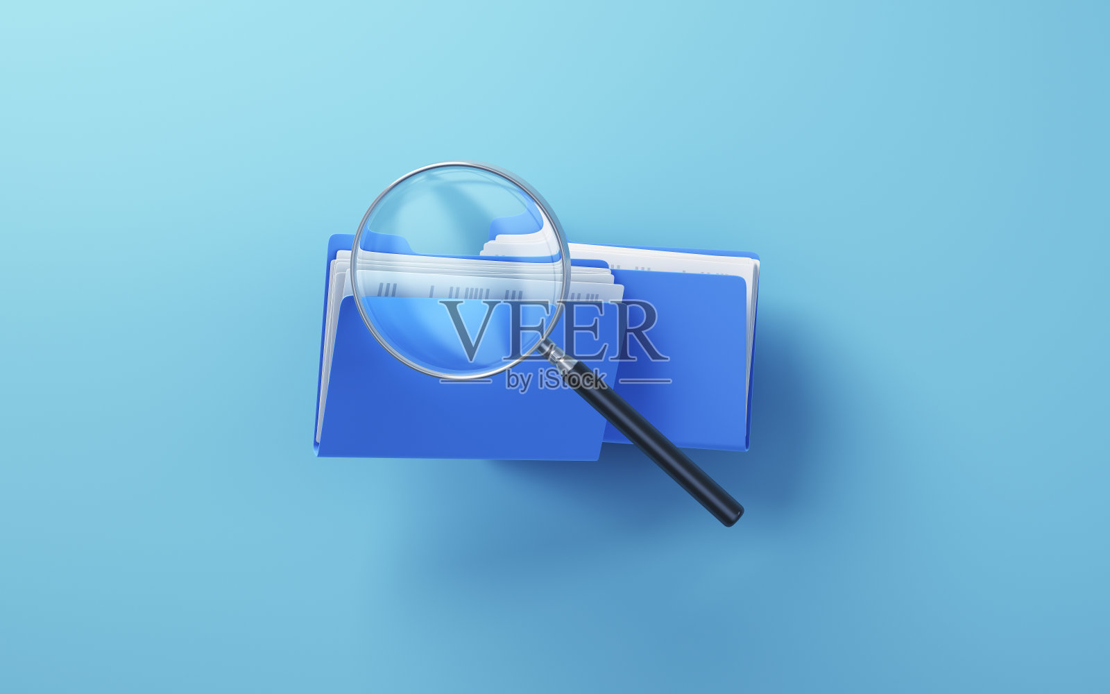 蓝色文件夹和文件与放大镜图标，坐在软蓝色背景，研究概念照片摄影图片