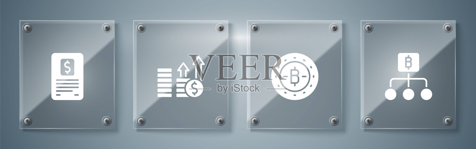 集区块链科技比特币，金融增长和美元和企业财务报告。方形玻璃板。向量插画图片素材