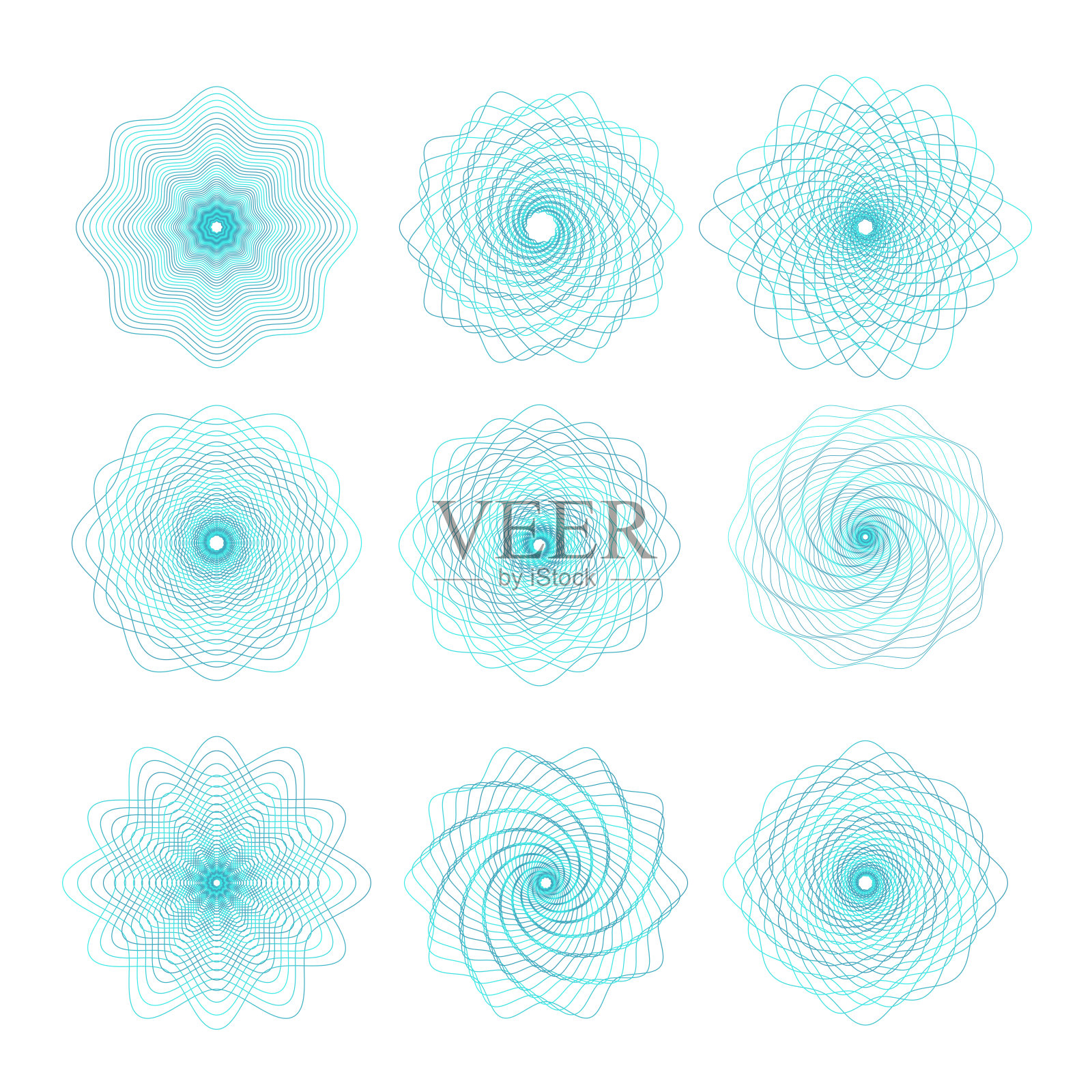 水印断头台玫瑰花元素集。用于防伪文件的数字水印。线性向量插图。用作证书、凭证、钞票、货币、票据、支票的保护层插画图片素材
