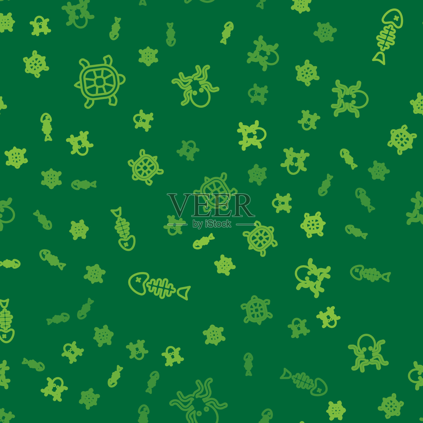 钓上龟鱼骨架和章鱼插画图片素材