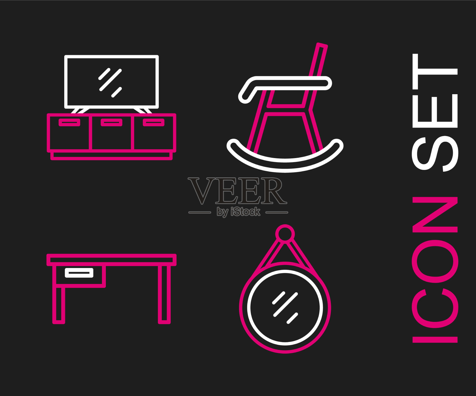 设置线镜子、办公桌、扶手椅和电视桌插画图片素材