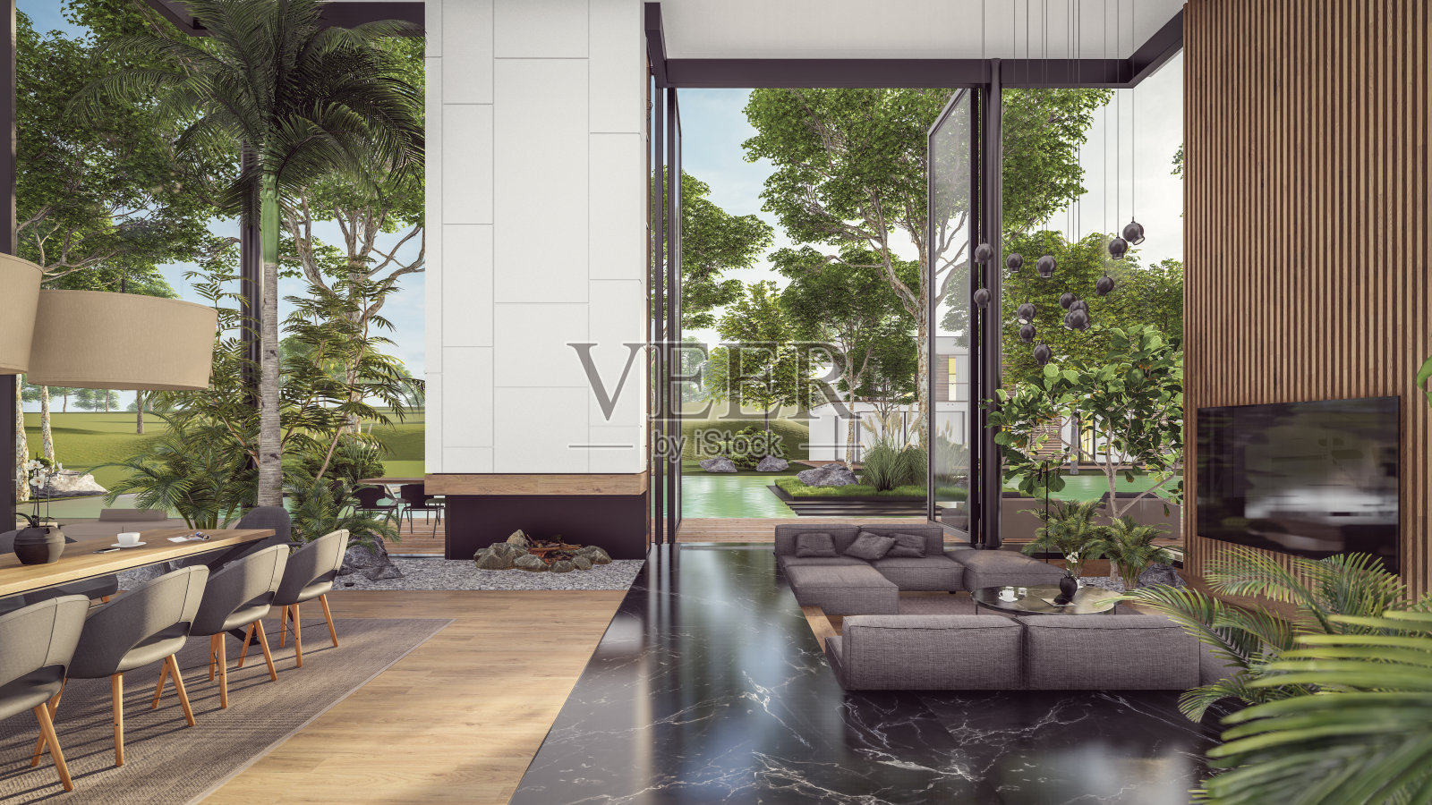 3d渲染昂贵舒适的室内与绿色的墙壁在晚上照片摄影图片