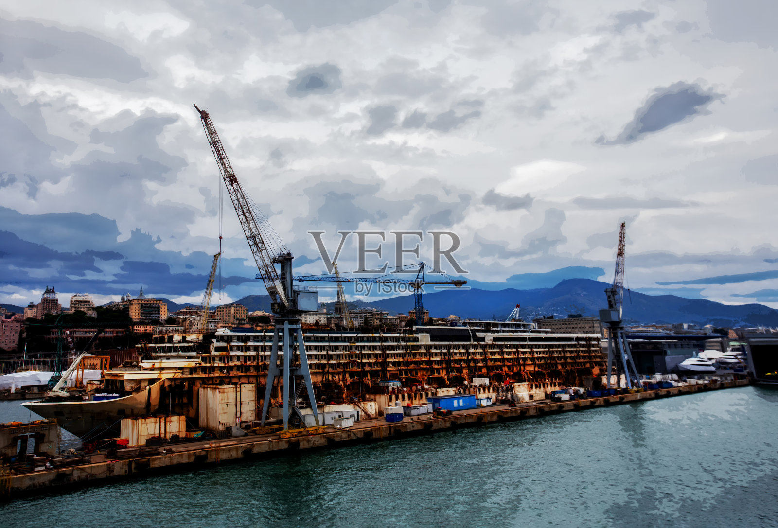 在热那亚港的维修码头上的大型游轮照片摄影图片