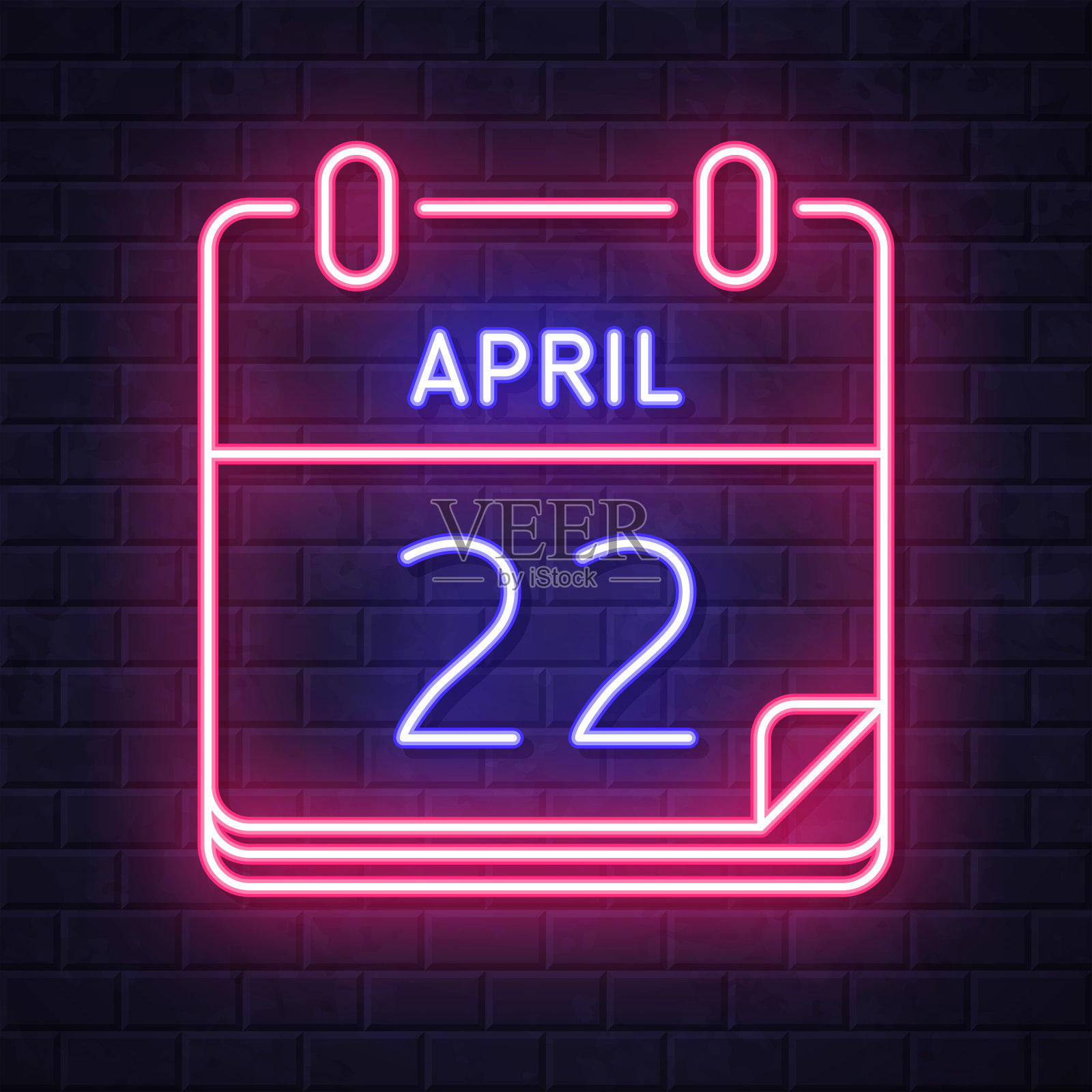 4月22日。在砖墙背景上发光的霓虹灯图标插画图片素材