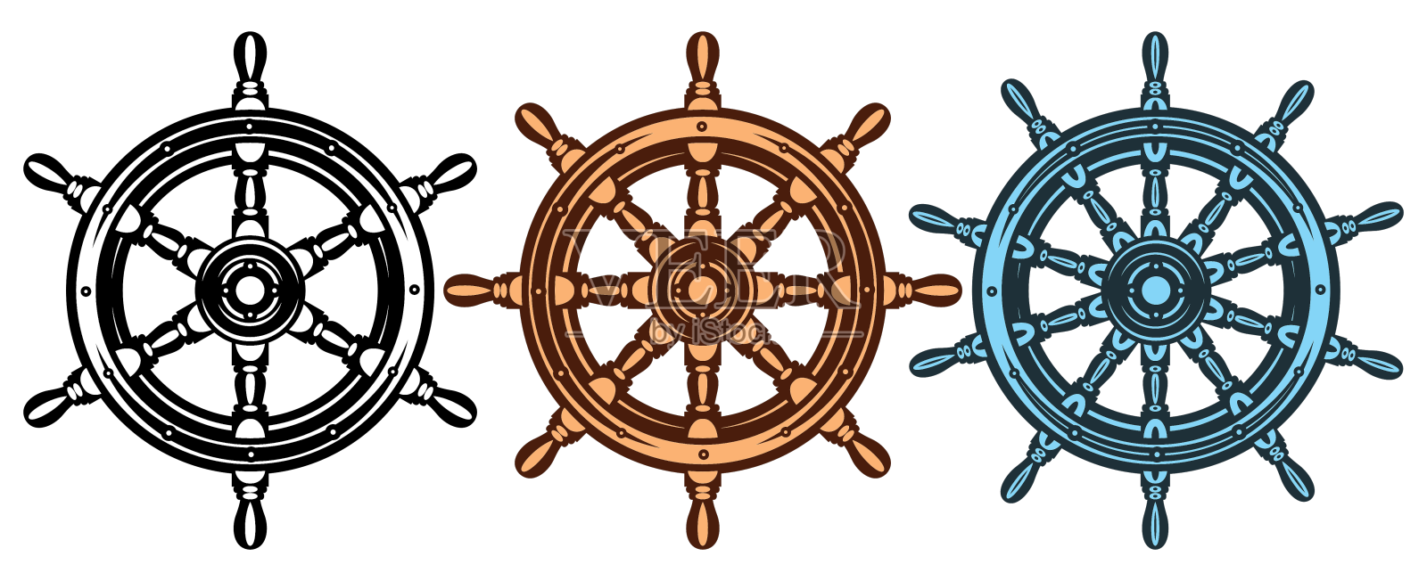 一套三种不同的船用方向盘设计元素图片