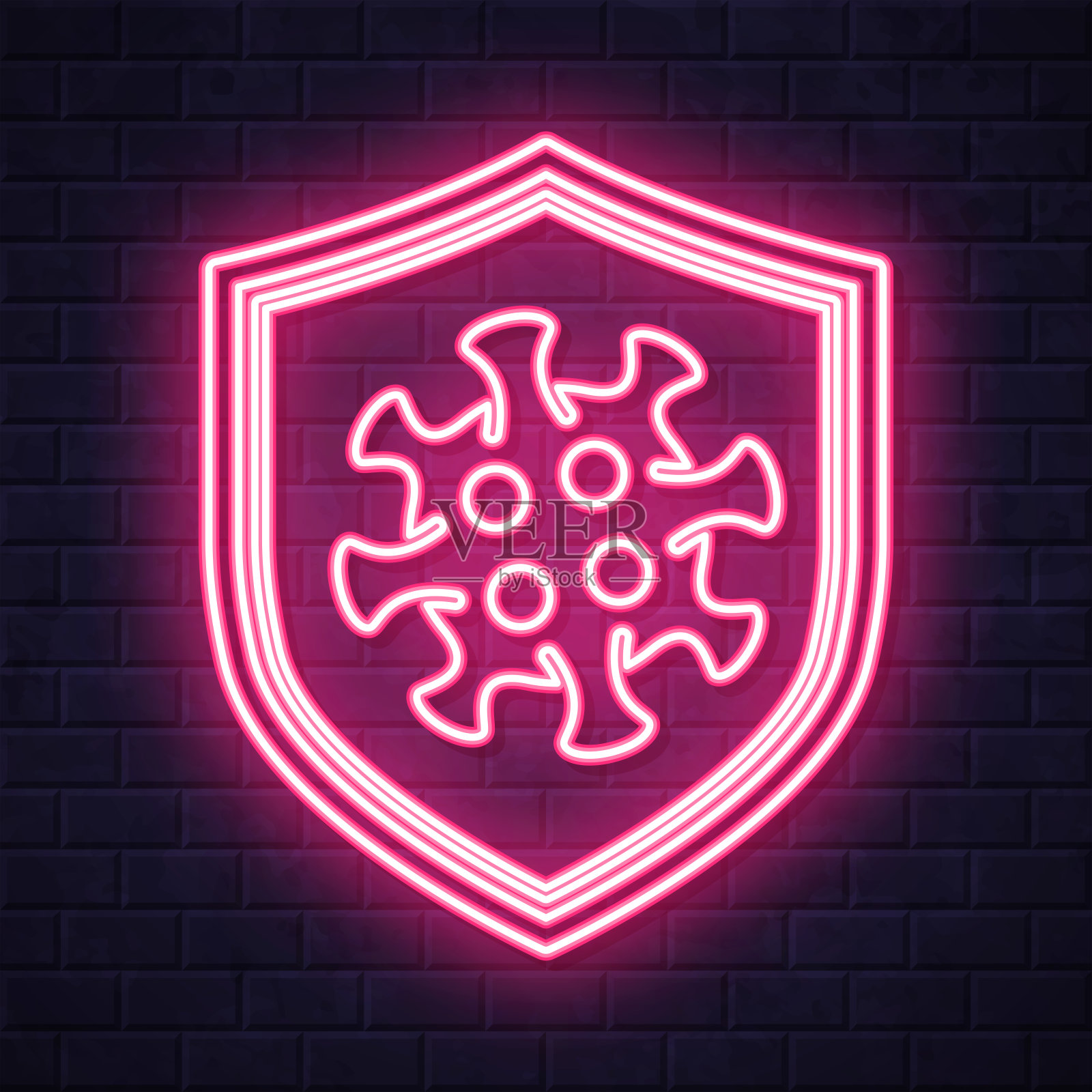 冠状病毒保护。在砖墙背景上发光的霓虹灯图标插画图片素材