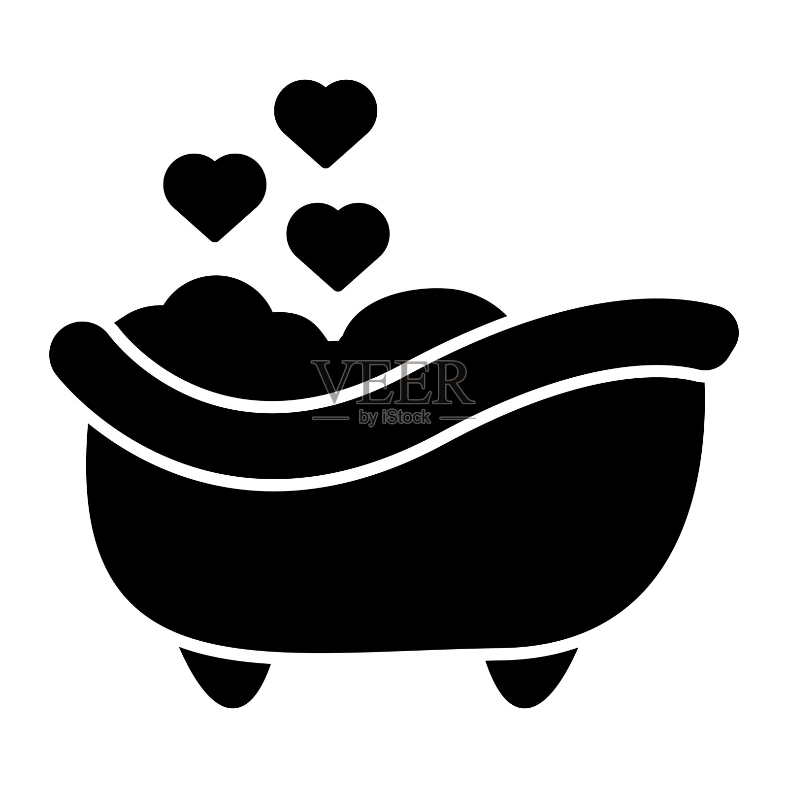 浪漫浴缸的固体图标。浪漫的浴室与心爱的泡沫插图隔离在白色。浴缸与泡沫和心形气泡字形风格设计和应用程序。Eps 10。插画图片素材