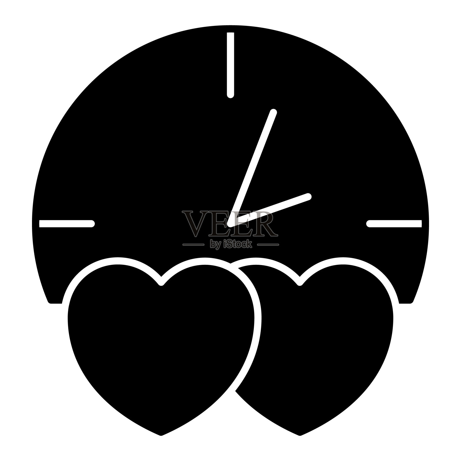 时钟，两颗心，速度约会，可爱的时间固体图标，速度约会概念，在白色背景上的爱情矢量标志，字形风格图标移动概念网页设计。矢量图形。插画图片素材