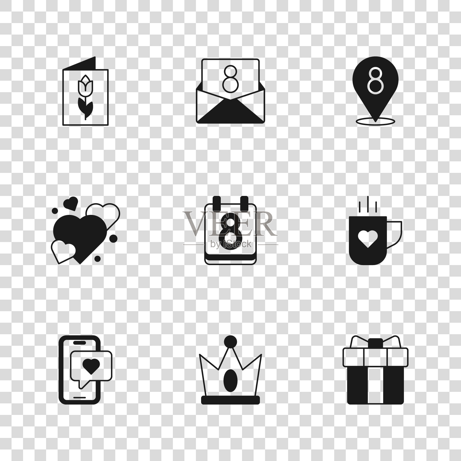 集国王皇冠，咖啡杯和心脏，礼品盒，日历与3月8日，贺卡，信封和心脏图标。向量插画图片素材