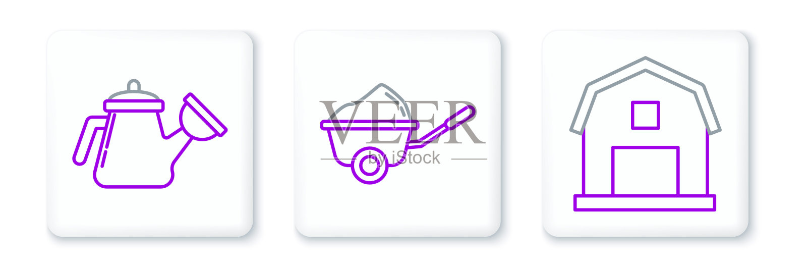 集线农舍概念，喷壶和手推车与污垢图标。向量插画图片素材