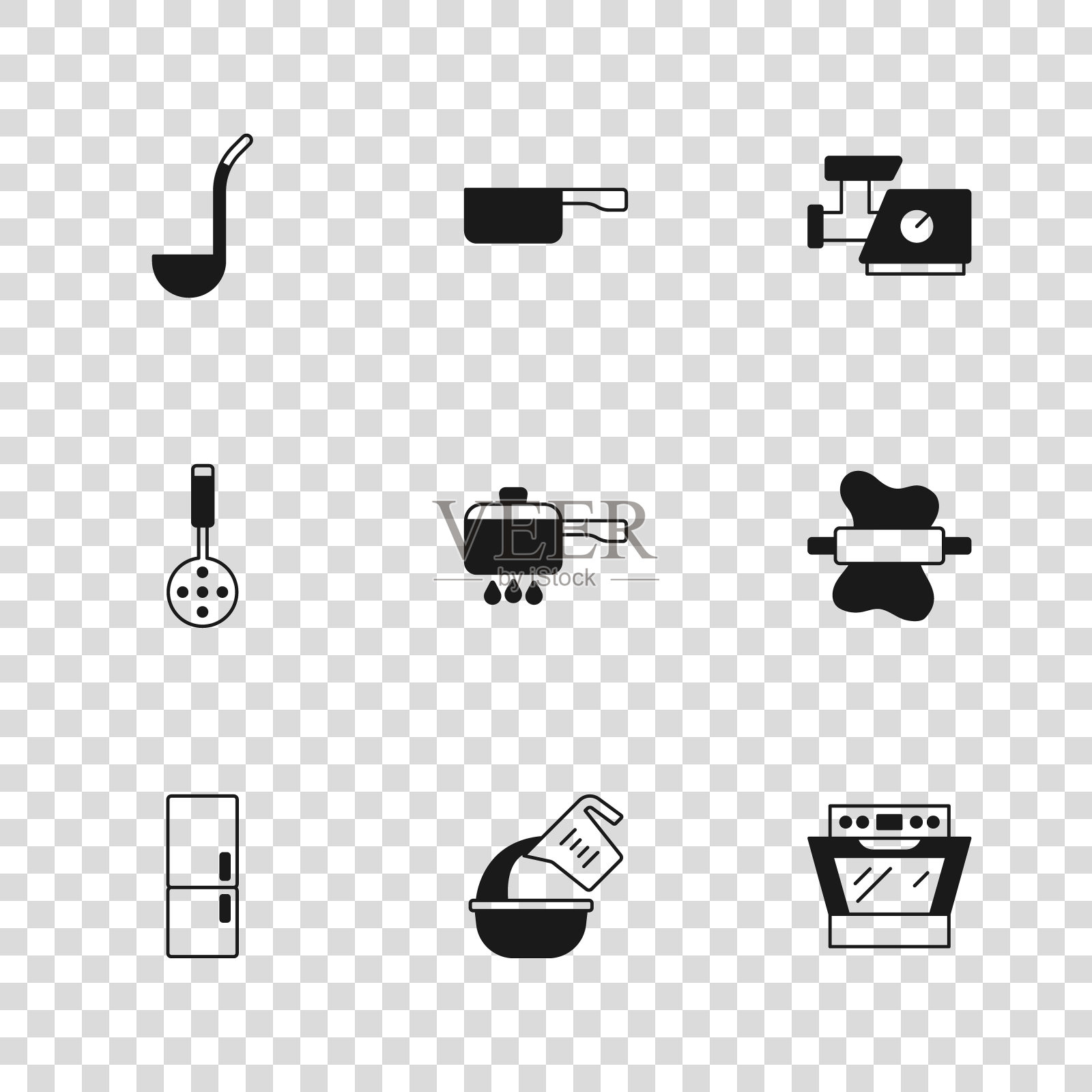 设置量杯和碗，擀面杖，烤箱，烹饪锅火，厨房绞肉机，勺子，煎锅和抹刀图标。向量插画图片素材