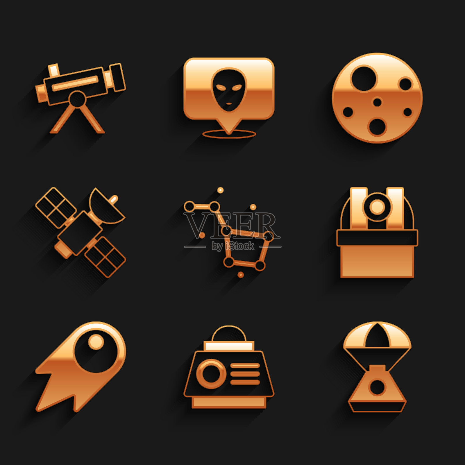 设置大熊星座，太空舱，天文台，彗星快速下降，卫星，火星和望远镜图标。向量插画图片素材