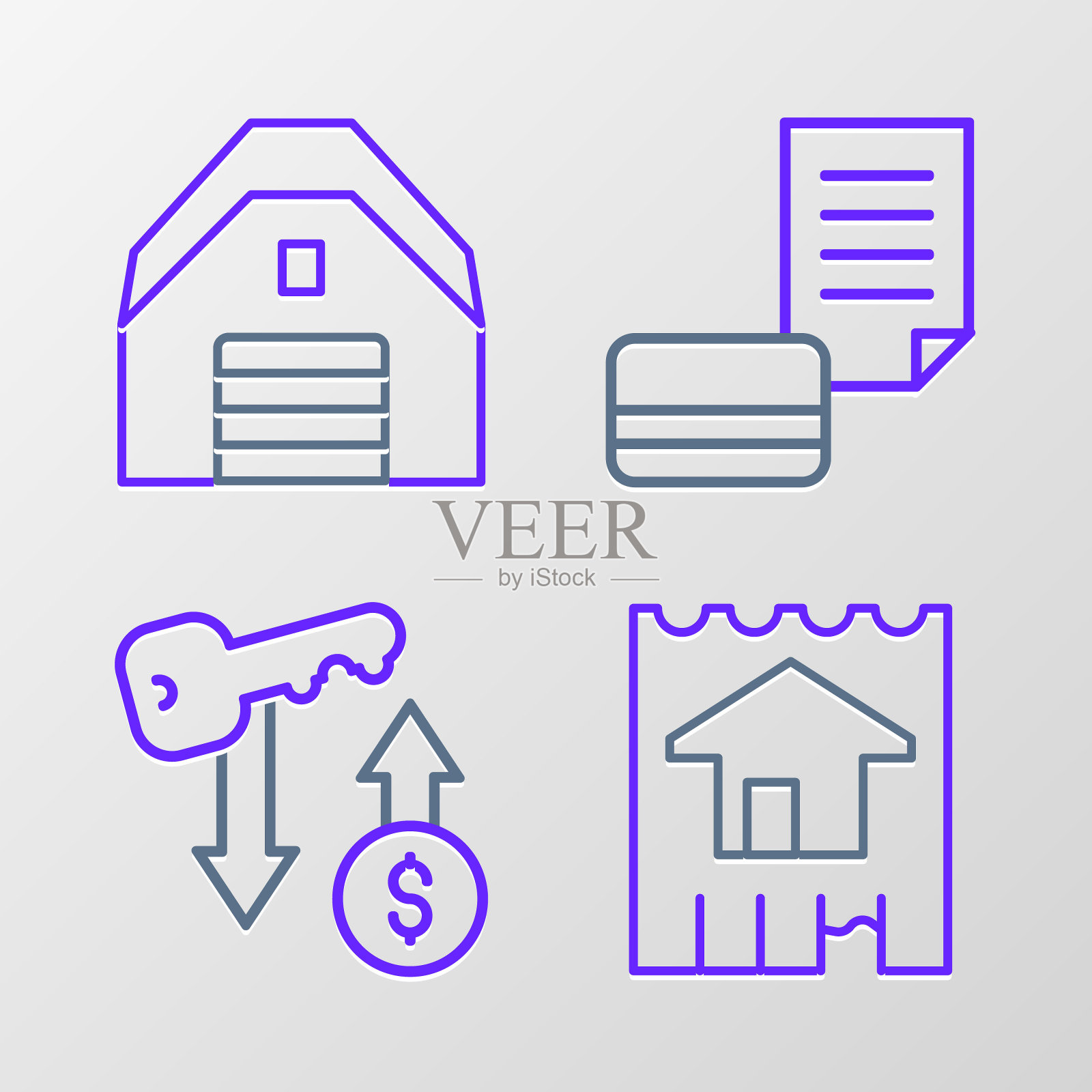 设置线房子，出租钥匙，信用卡和车库图标。向量插画图片素材