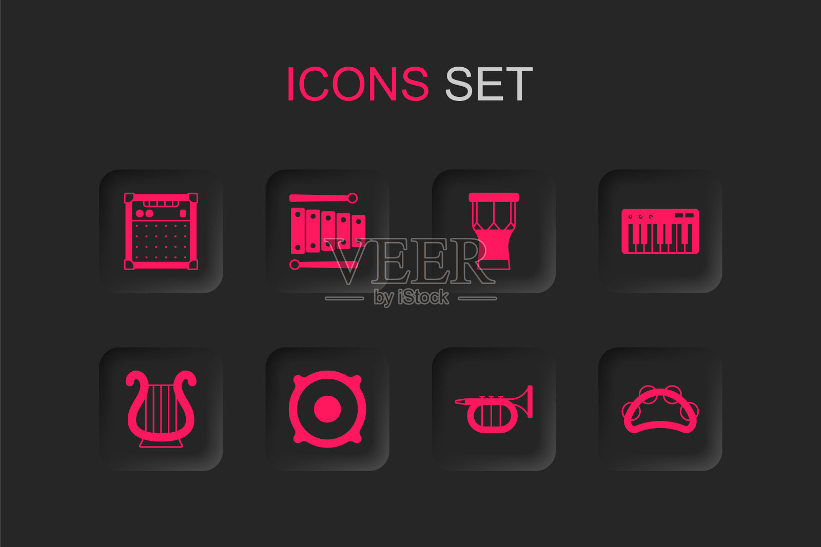 集立体声扬声器，木琴，吉他放大器，小号，音乐合成器，铃鼓，非洲打击鼓和古希腊里拉图标。向量插画图片素材