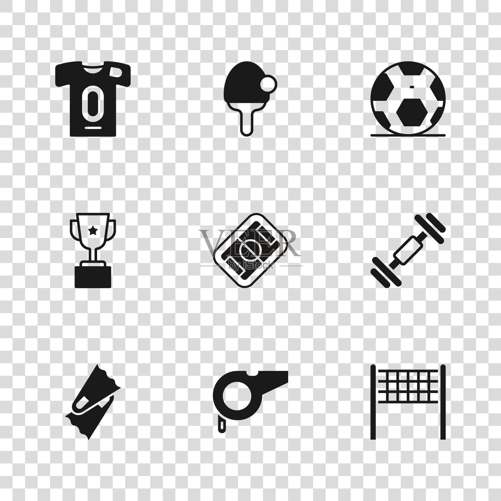 设置哨子，哑铃，排球网，足球场，足球，球衣和t恤，球拍和奖杯图标。向量插画图片素材