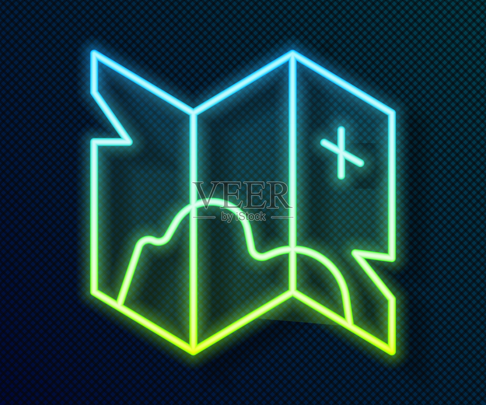 发光的霓虹灯线海盗藏宝图图标孤立的黑色背景。向量插画图片素材