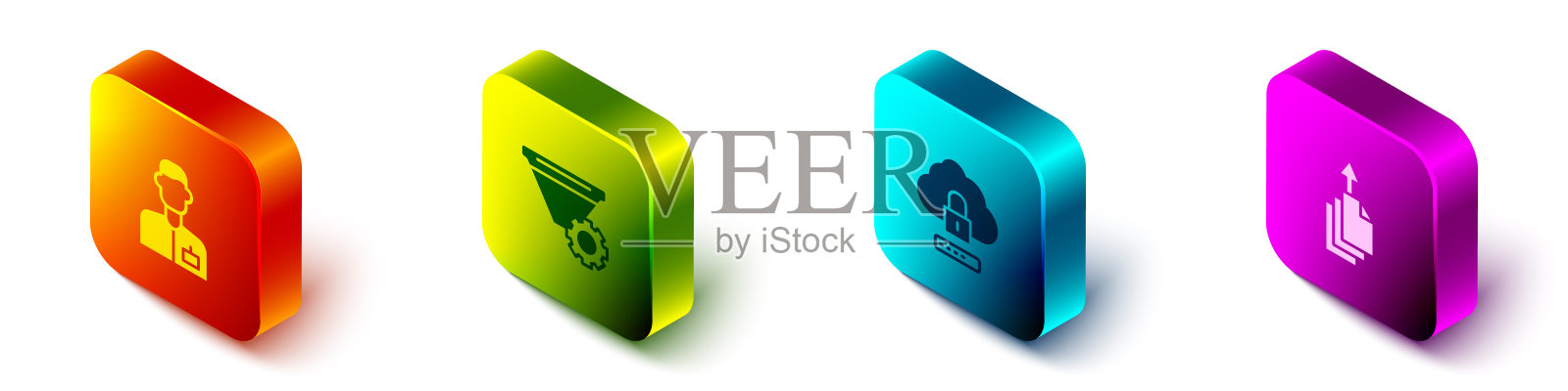 设置等距分析工程师，过滤器设置，云计算锁定和数据导出图标。向量插画图片素材