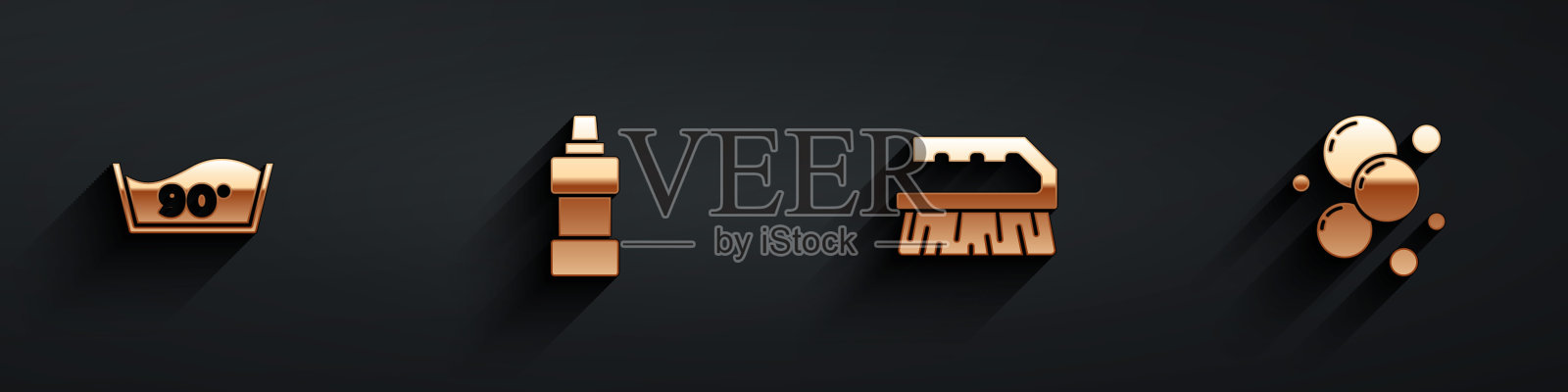 设置温度清洗，瓶清洗剂，刷子和肥皂水的气泡图标长阴影。向量插画图片素材