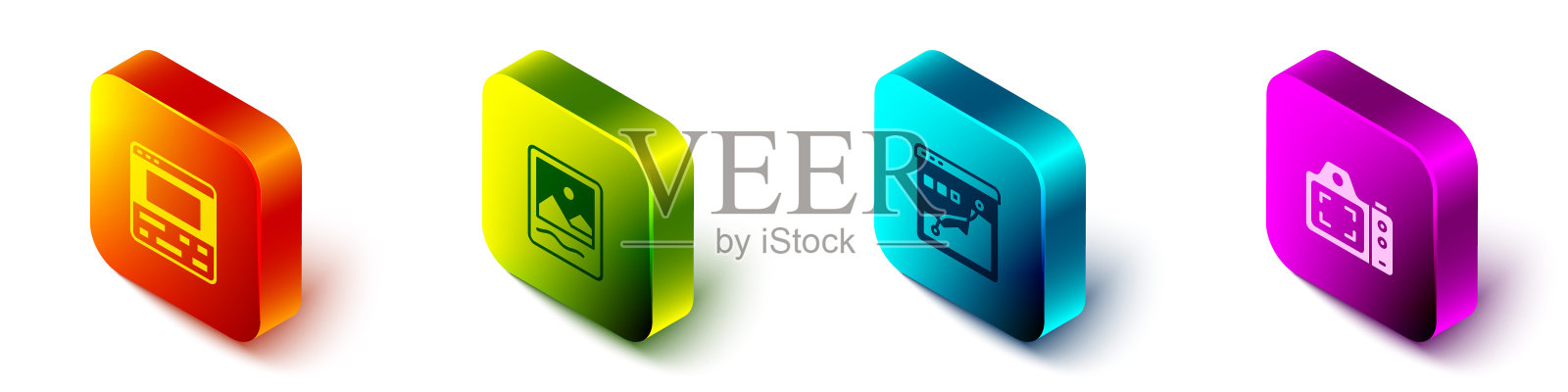 在笔记本电脑上设置等距录像机，相框，直方图摄影和相机图标。向量插画图片素材