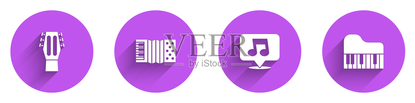 集吉他，手风琴，音符，音调和大钢琴图标与长阴影。向量插画图片素材