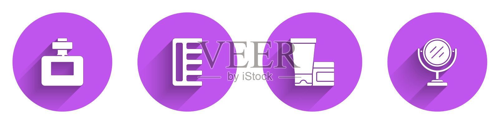 集香水，发刷，面霜或乳液化妆管和圆形化妆镜图标与长阴影。向量插画图片素材