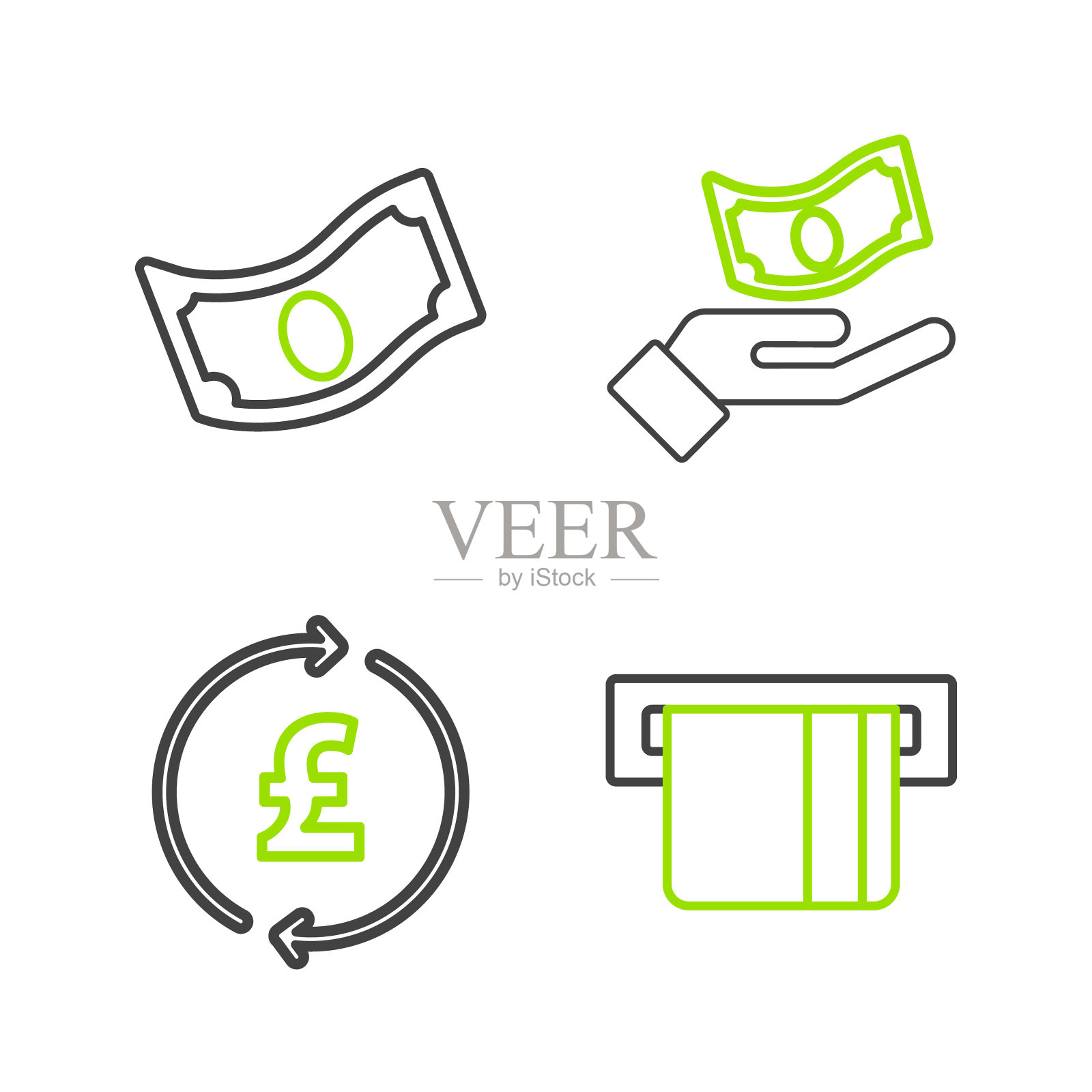 设置线信用卡插入，硬币钱与英镑，手持和堆栈纸现金图标。向量插画图片素材