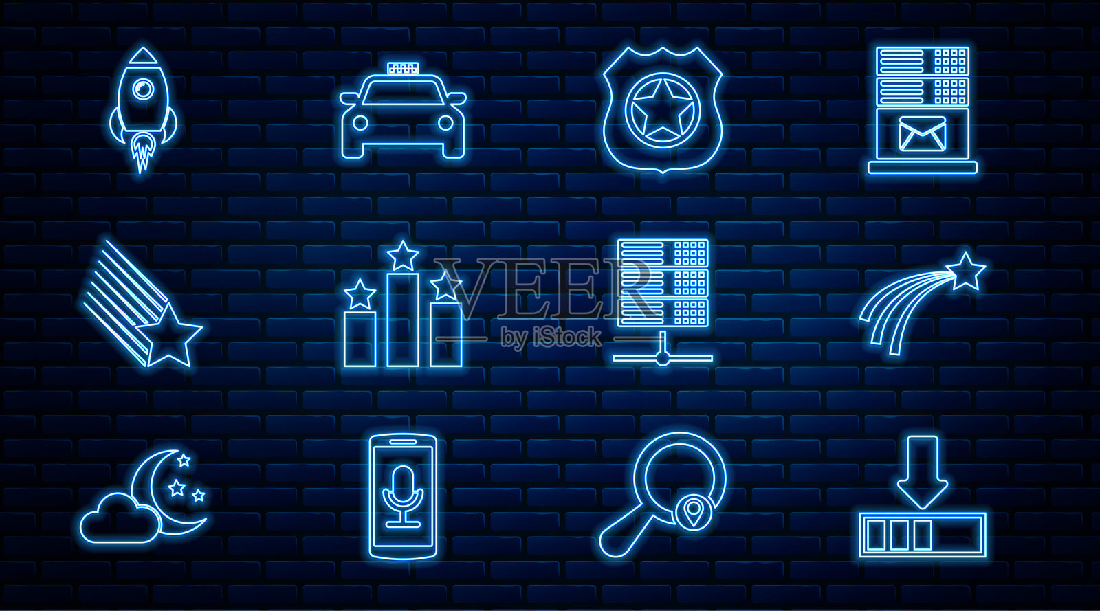 设置线加载，坠落的星星，警察徽章，排名，火箭船与火，服务器，数据，网络托管和出租车图标。向量插画图片素材