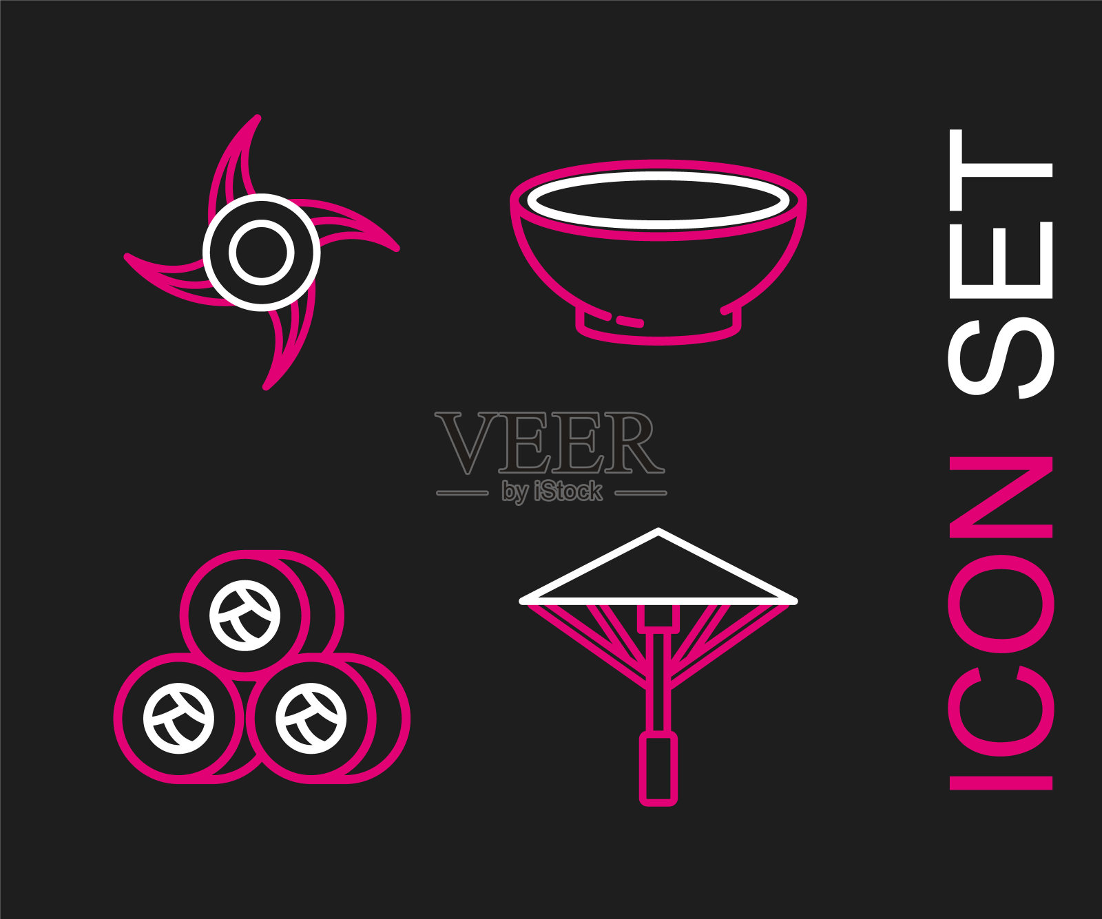 集行日式伞从太阳、寿司、碗热汤和忍者神剑的图标。向量插画图片素材