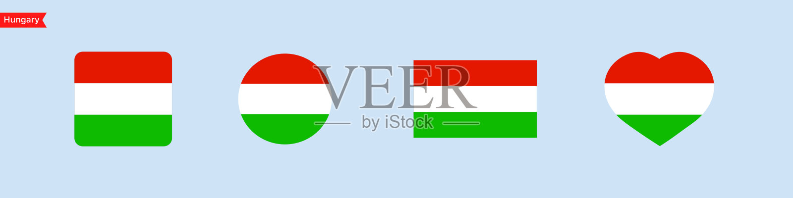 匈牙利国旗。用于语言选择的独立标志符号。匈牙利国旗图标的形状有正方形、圆形、心形。矢量图标插画图片素材