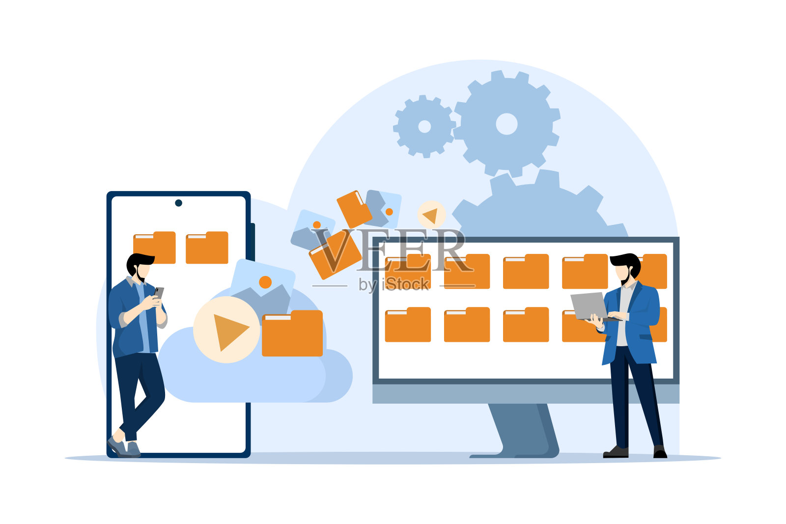 云存储的概念，文件下载，数据库保护，数据中心，文件管理，计算机系统使用云服务器。使用现代连接PC技术的数字文档和信息。插画图片素材