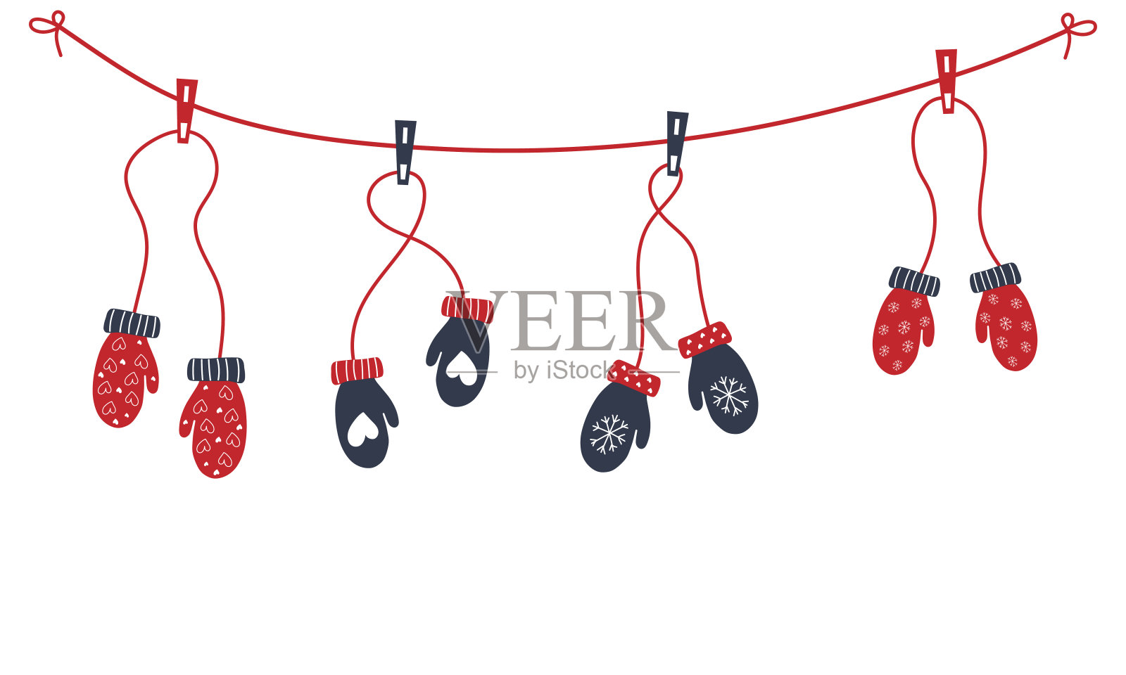 连指手套系在绳子上，挂在白色背景上的衣夹上插画图片素材