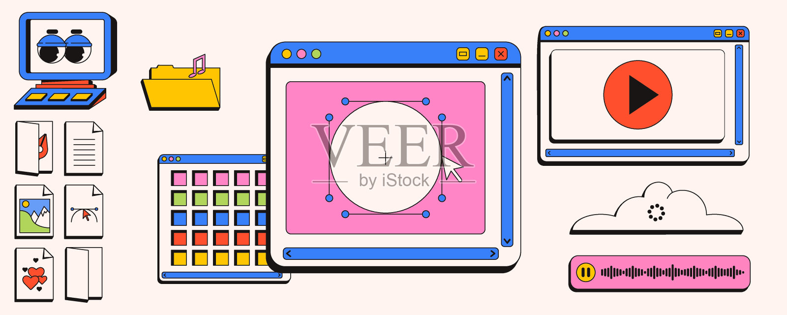 90年代风格的电脑桌面。Y2K网页和平面设计概念。应用程序窗口，快捷方式，图标。新潮的新野兽派风格。插画图片素材