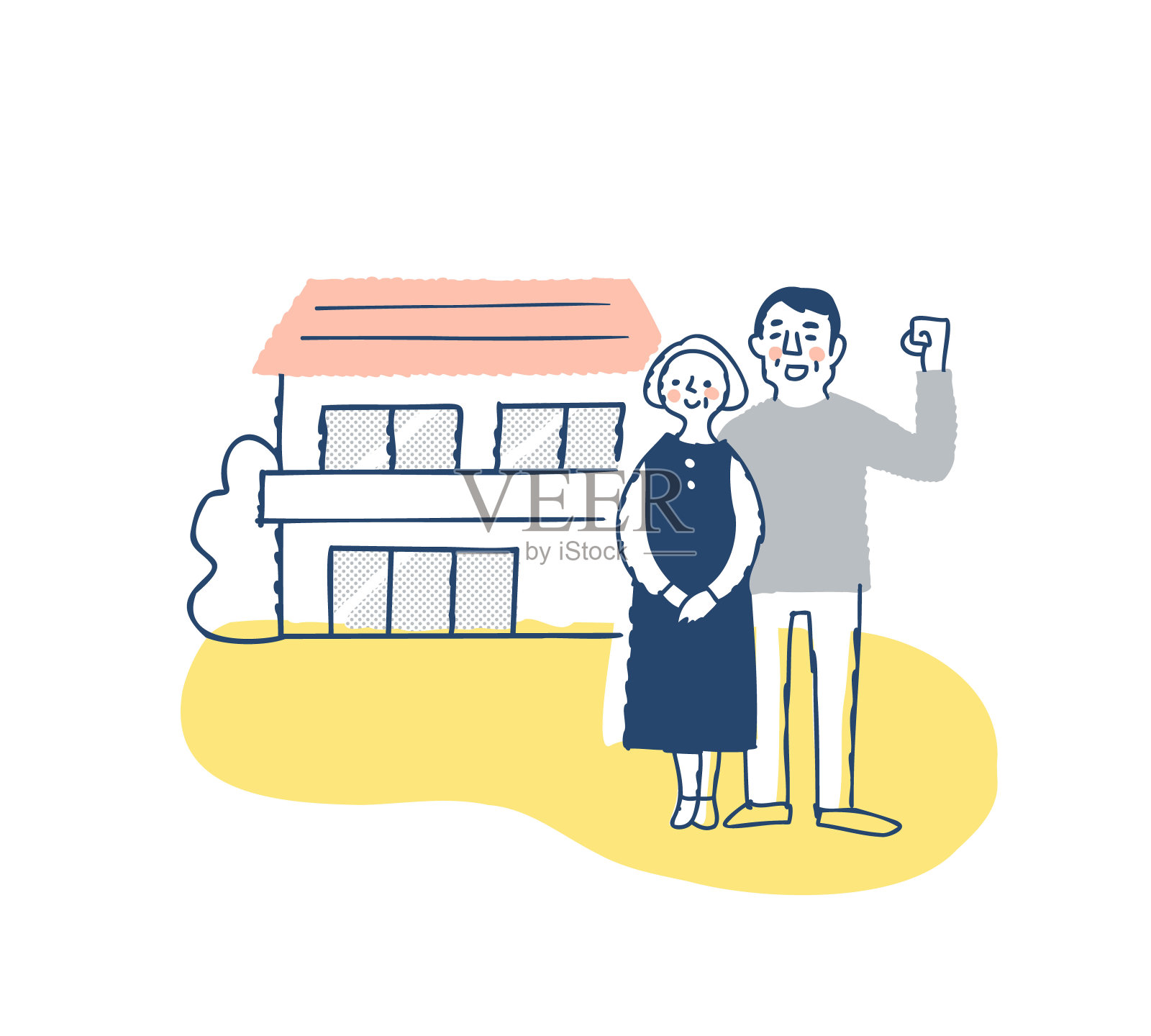 一对面带微笑的老夫妇站在屋前插画图片素材