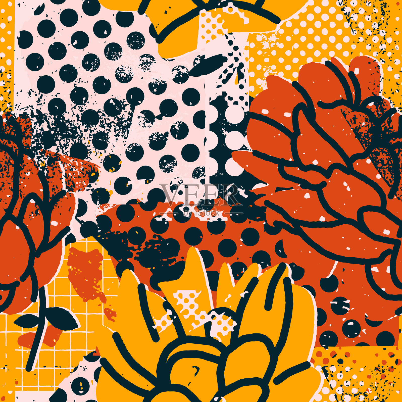 明亮的无缝图案与形状和花朵插画图片素材