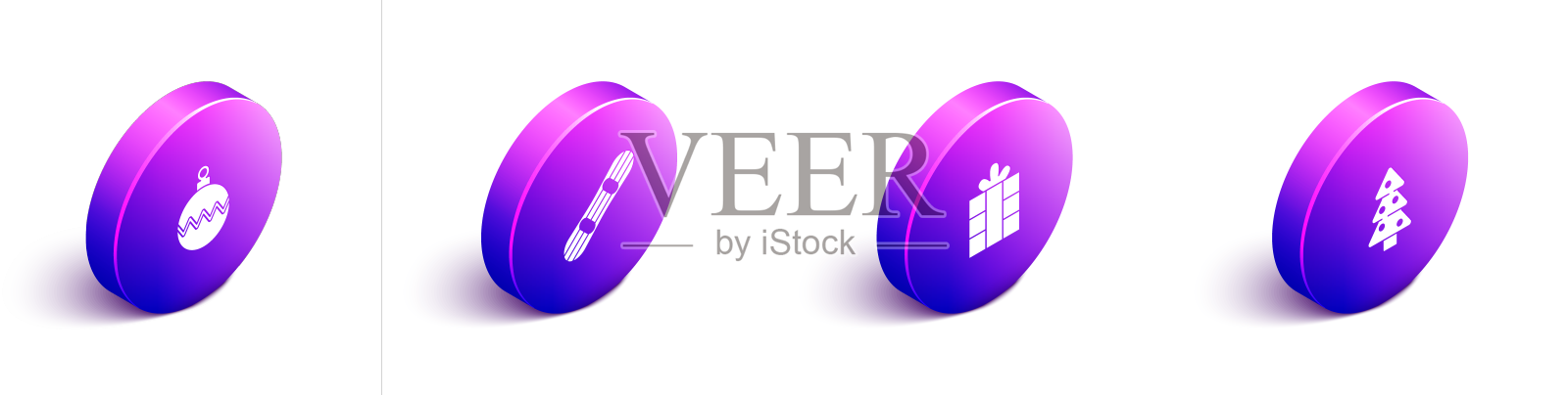 设置等距圣诞球滑雪板礼盒设计元素图片