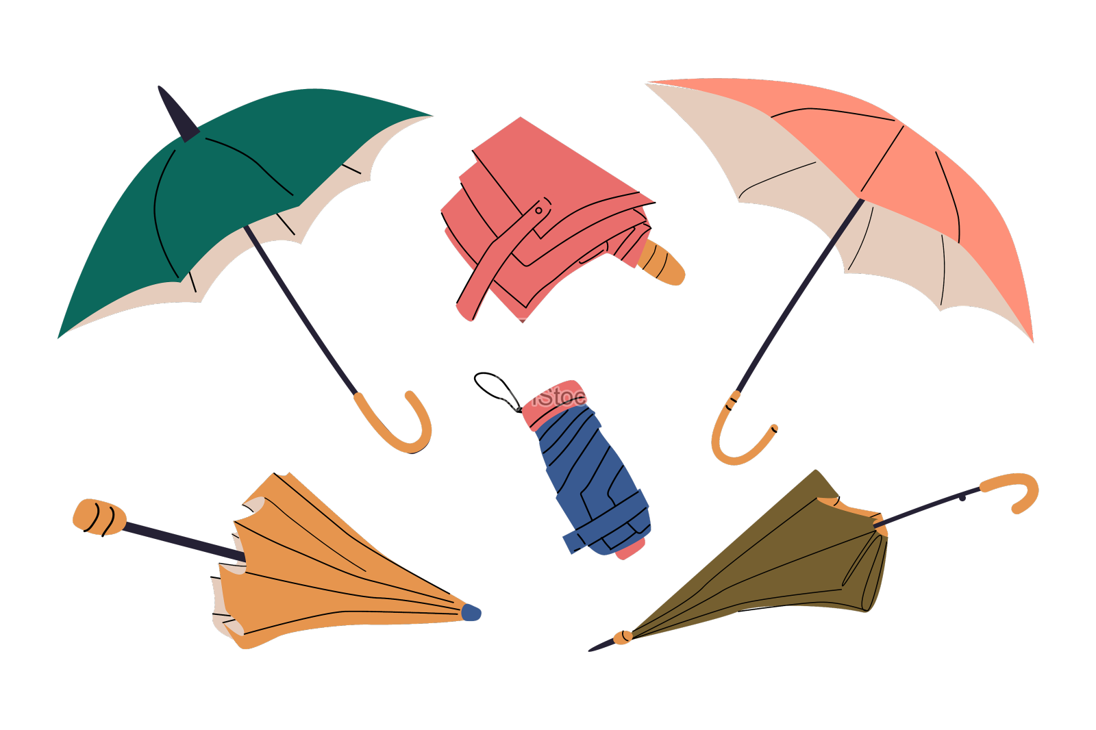 不同颜色的合伞、开伞、折叠伞设计元素图片