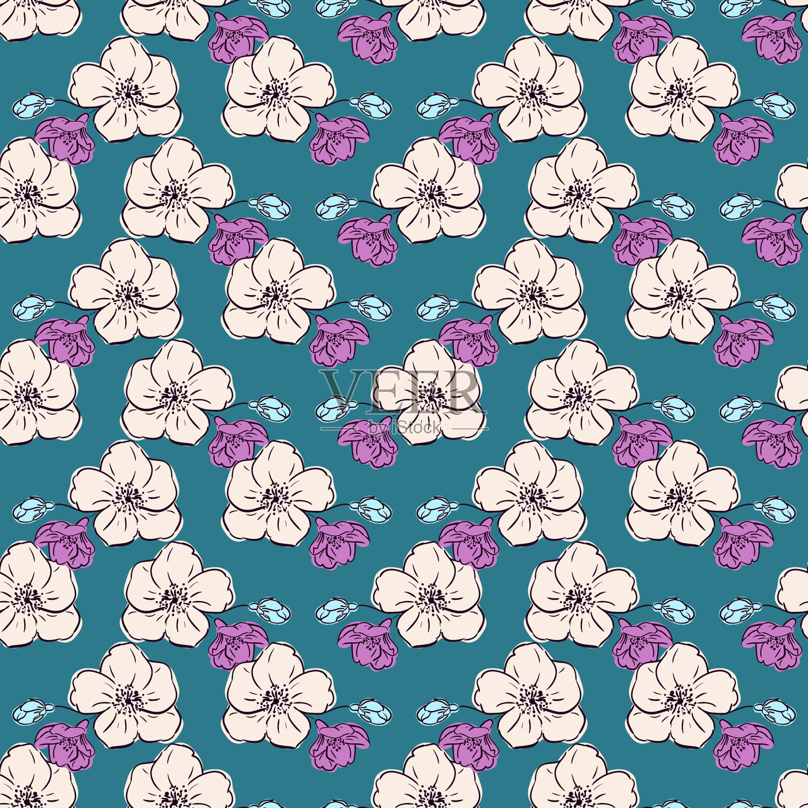 花卉无缝图案，美丽的抽象花朵插画图片素材