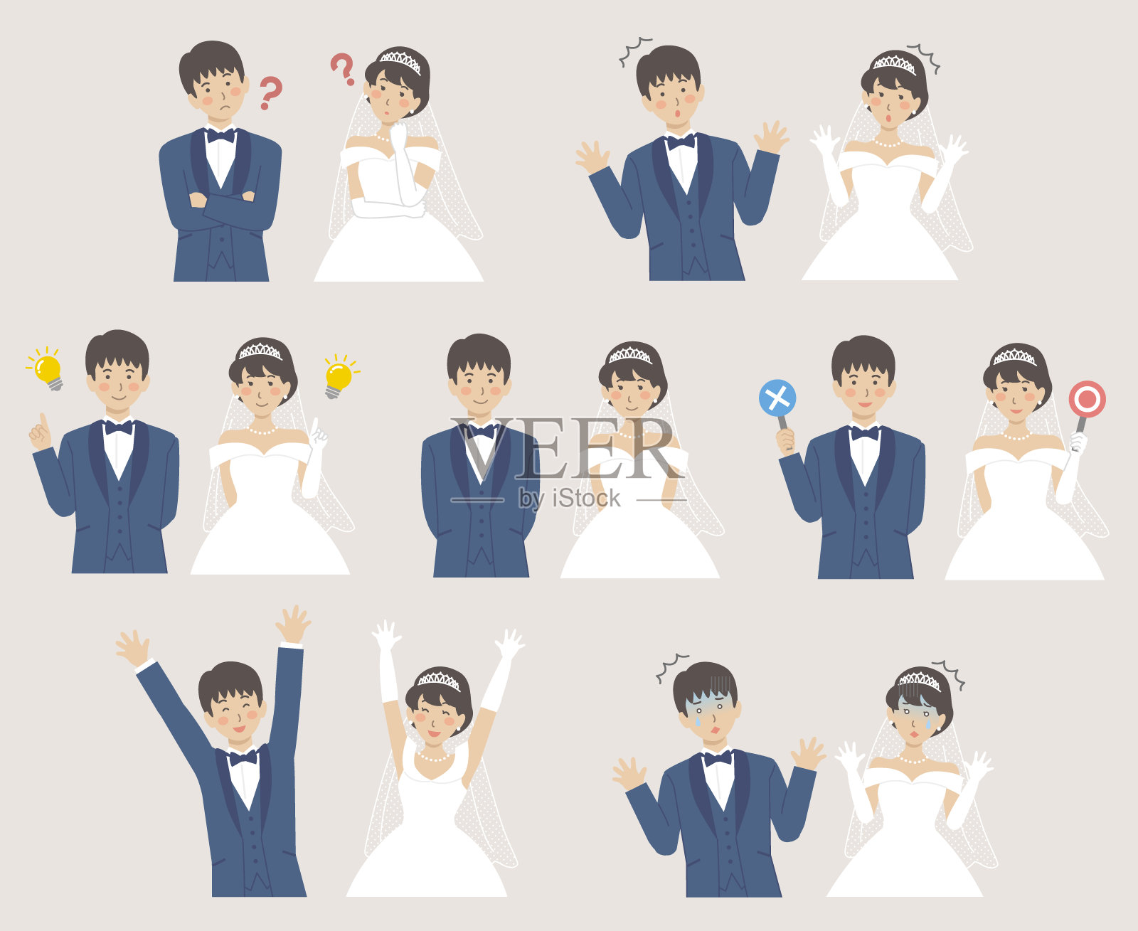 婚礼插图，上半身新娘和新郎，面部表情变化集插画图片素材