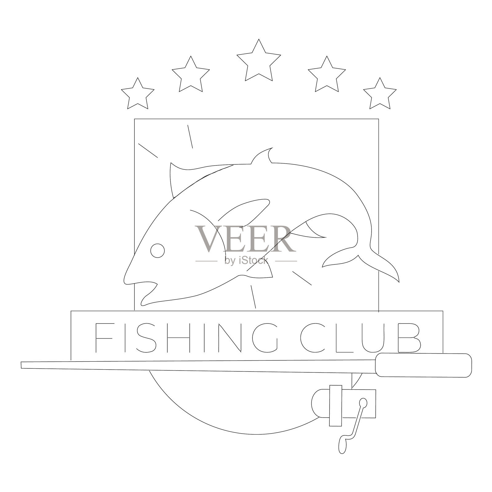 钓鱼俱乐部鱼竿纺丝星徽线插画图片素材