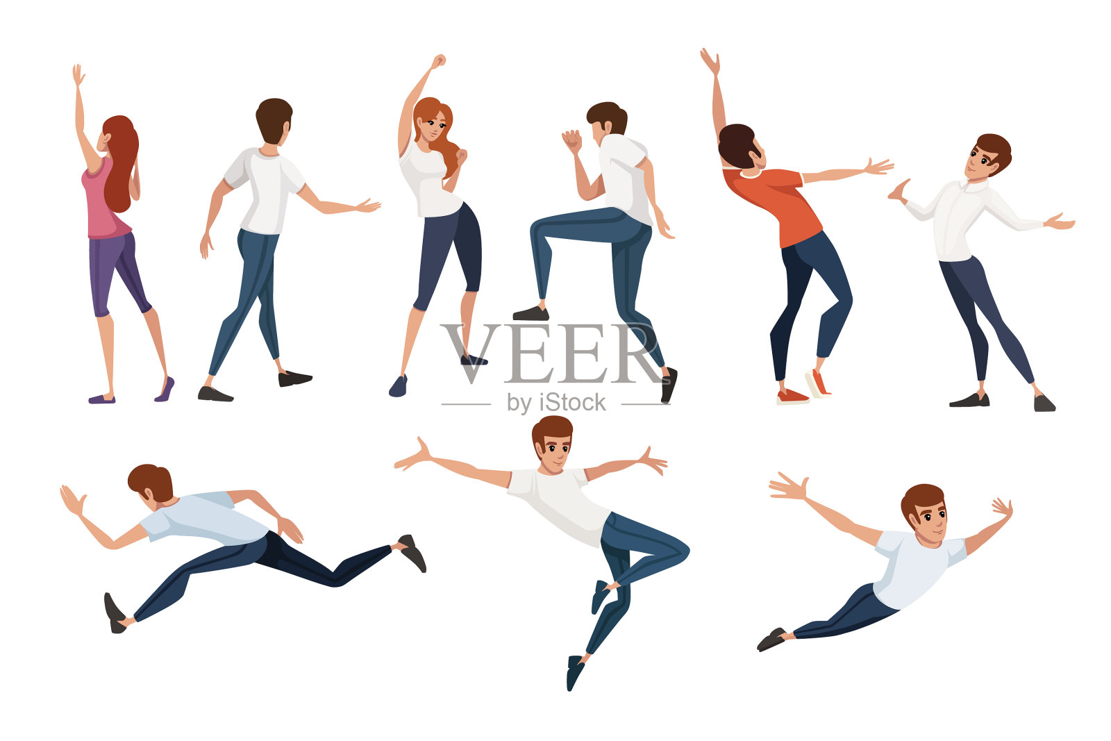 一群穿着休闲、摆着不同姿势的人插画图片素材