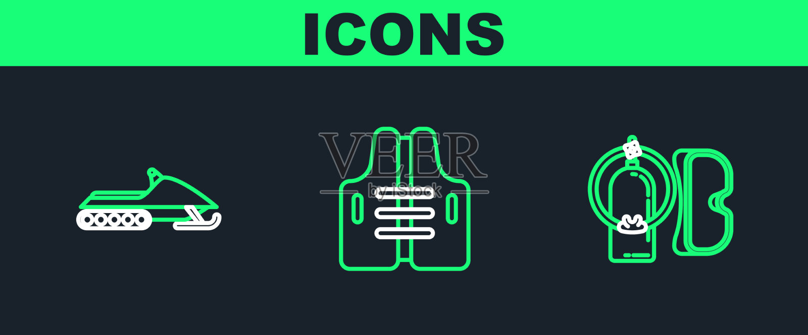 设置线潜水面罩和潜水雪地摩托和插画图片素材