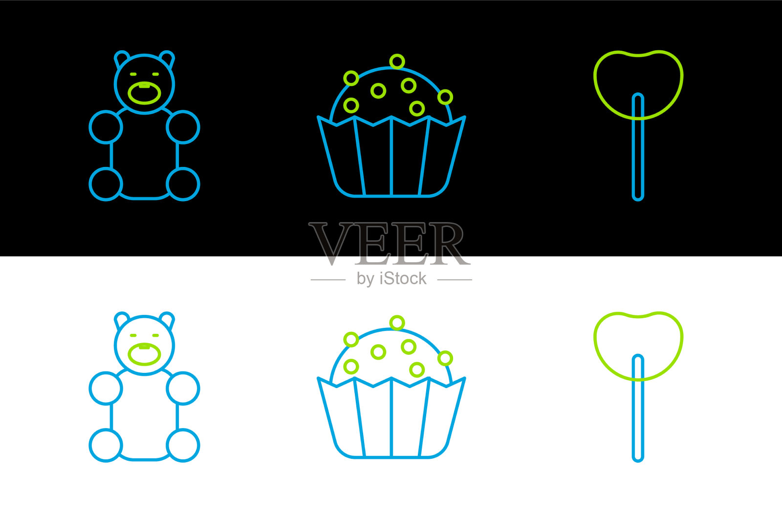 设置线棒棒糖，果冻，熊糖和纸杯蛋糕插画图片素材