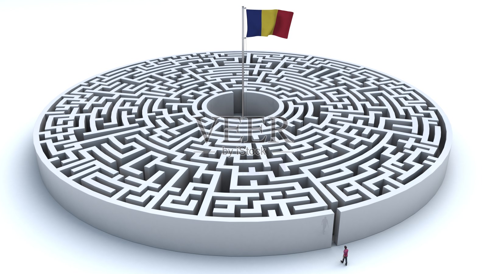 迷宫中央有一面罗马尼亚国旗，一名男子试图够到它照片摄影图片