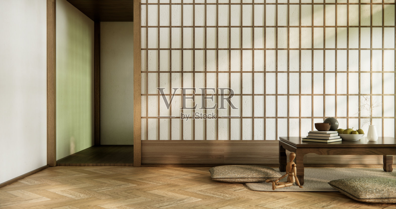 日本风格的木制房间榻榻米上的矮桌和枕头。照片摄影图片