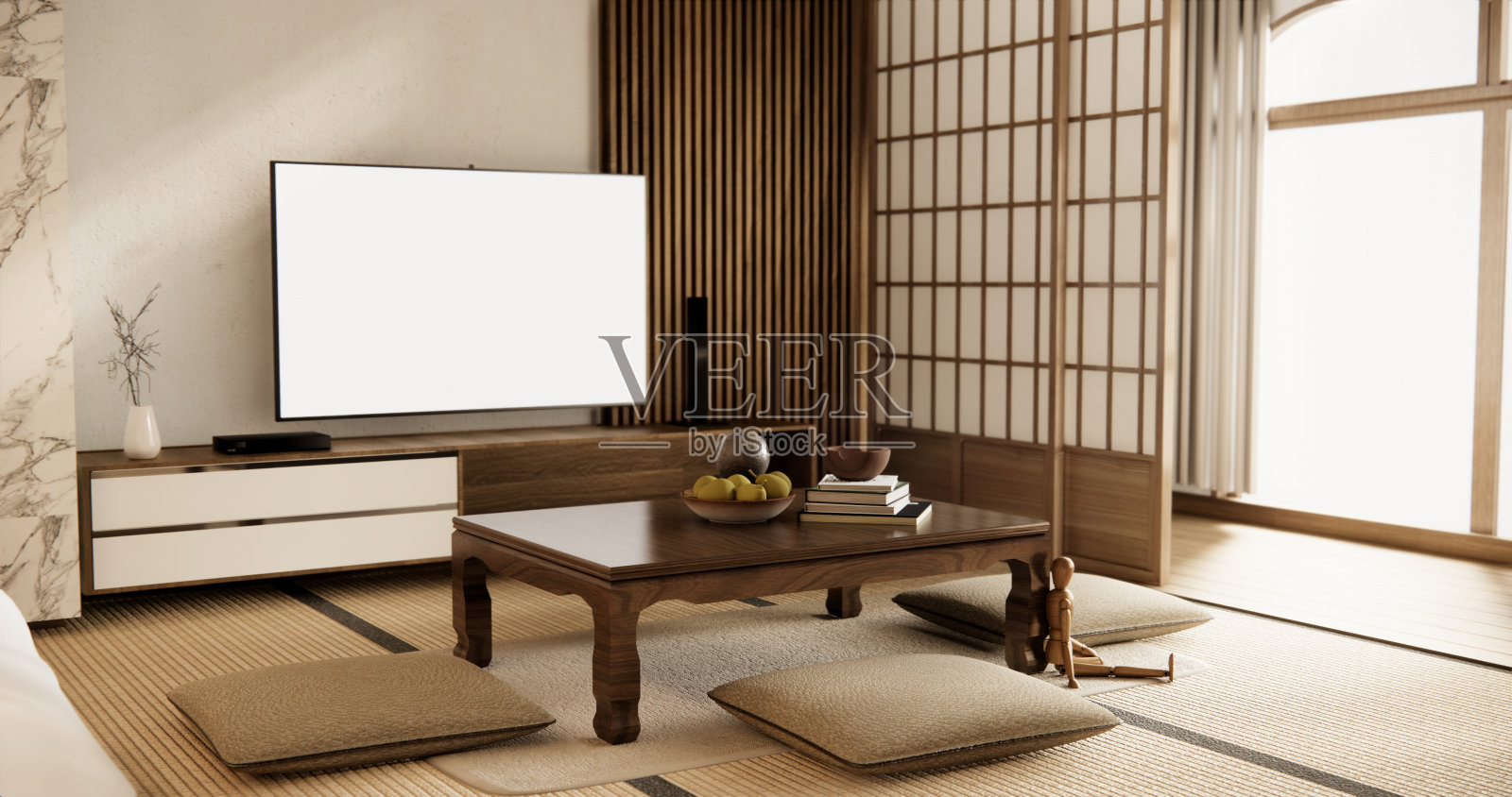 电视日本-智能电视在房间的低桌子与灯的日本风格。照片摄影图片