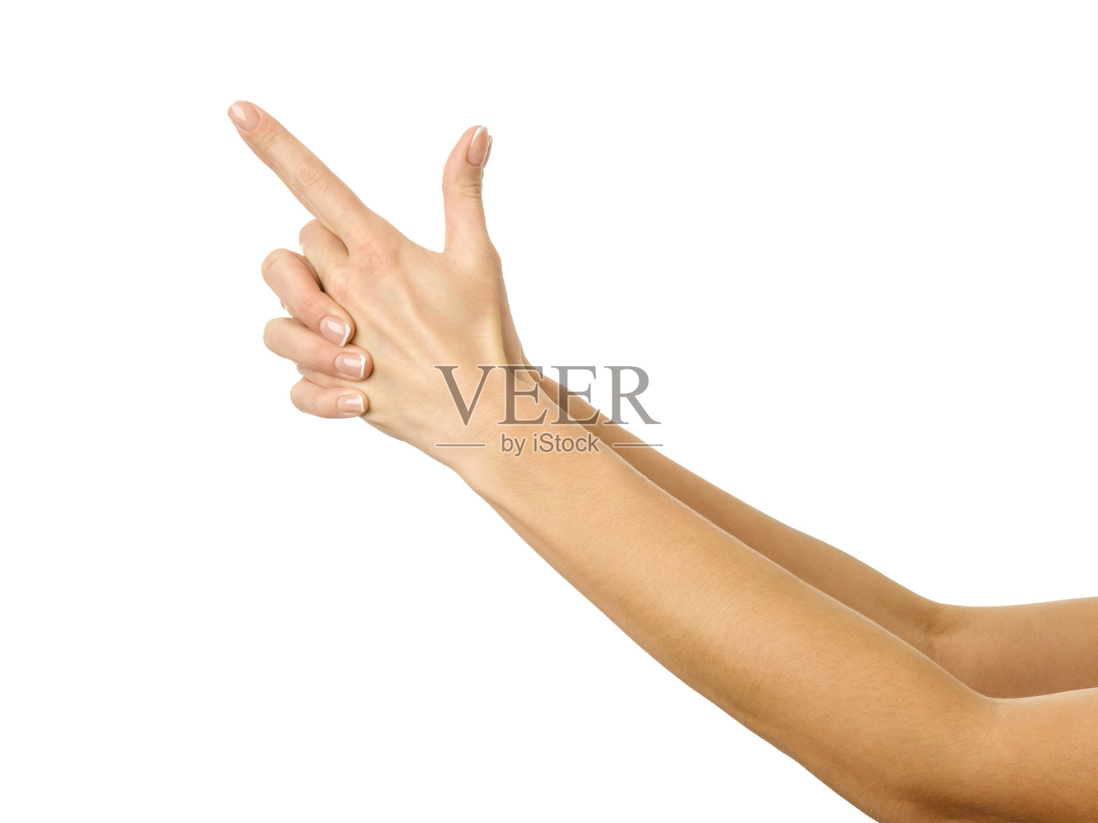 射击的枪。女人的手势孤立在白色上照片摄影图片